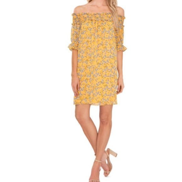 cece smocked off the shoulder dress CeCe Petite Smocked Bodice Ruffle Off the Shoulder Midi Dress